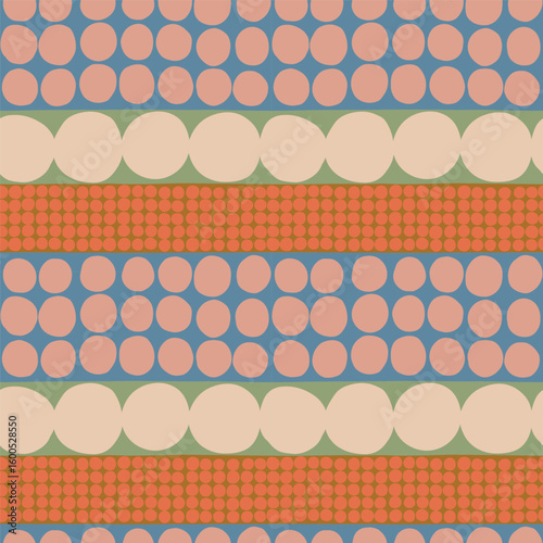 Colorful Dotted Seamless Pattern with Retro Geometric Style. Abstract Texture with Hand-Drawn Dots in Different Size. Playful and Fun Geometric Design
