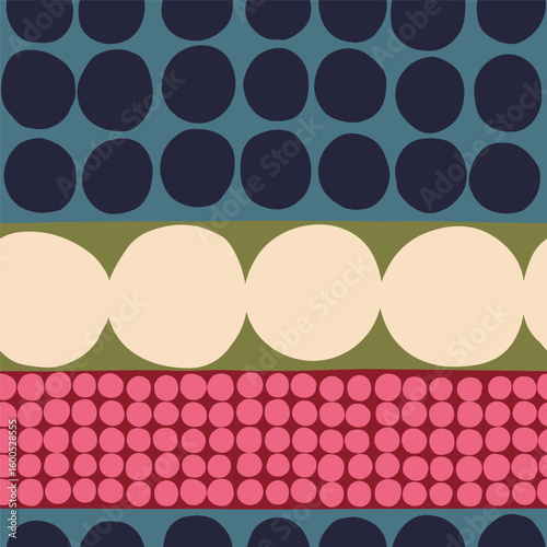 Colorful Dotted Seamless Pattern with Retro Geometric Style. Abstract Texture with Hand-Drawn Dots in Different Size. Playful and Fun Geometric Design