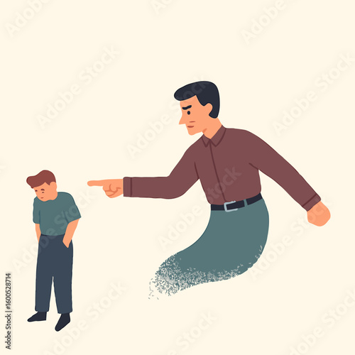 Man pointing at a young boy with a stern expression in illustration  