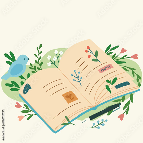 Open nature journal with stickers and plants in a soft style  