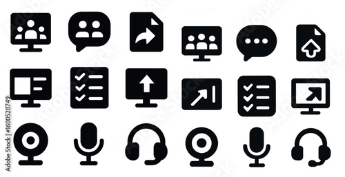 Communication and technology solid icons set – filled, web, digital symbols