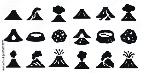 Volcano and eruption icons set – silhouette, filled, lava and ash symbols