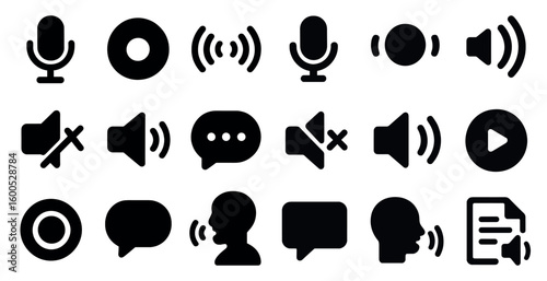 Communication and audio silhouette icons set – solid, filled, speech and sound symbols