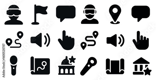 Navigation and voice solid icons set – maps, location, audio symbols