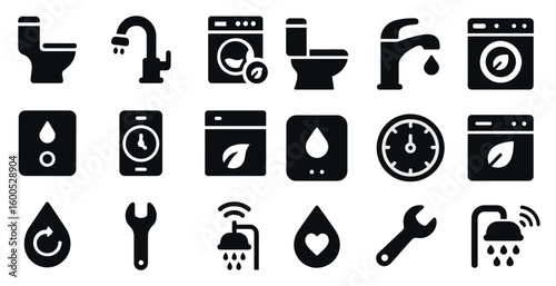 Bathroom and laundry solid icons set – silhouette, hygiene, cleaning symbols