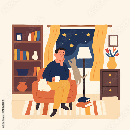 Man relaxing with cup of tea and cats on cozy sofa at night  
