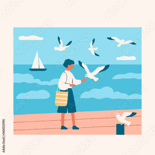 Young woman feeding seagulls by the seaside on a sunny day  