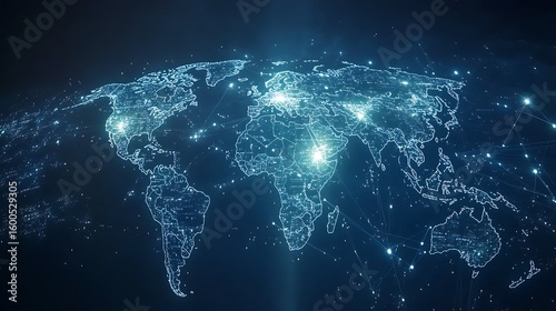 Glowing earth at night with bright city lights illuminating continents and oceans in a digital network concept