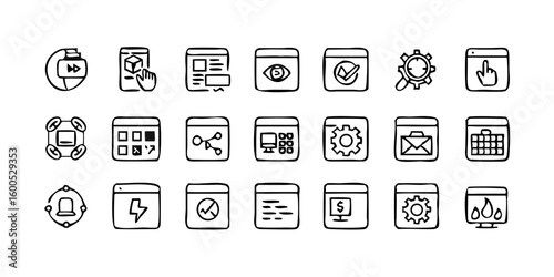  A line-style set of digital marketing web icons. Social media, networking, feedback, communication, marketing, and e-commerce. Vector illustrations.