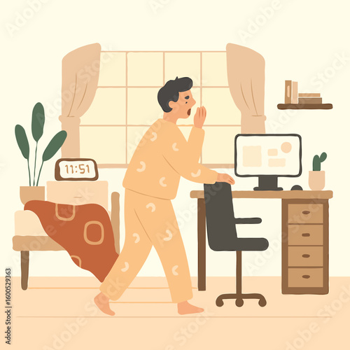 Man yawning and walking to desk in cozy bedroom setting  