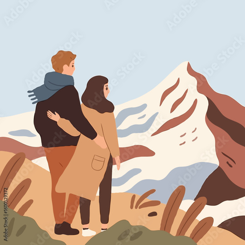 Couple standing together and admiring mountains in nature  