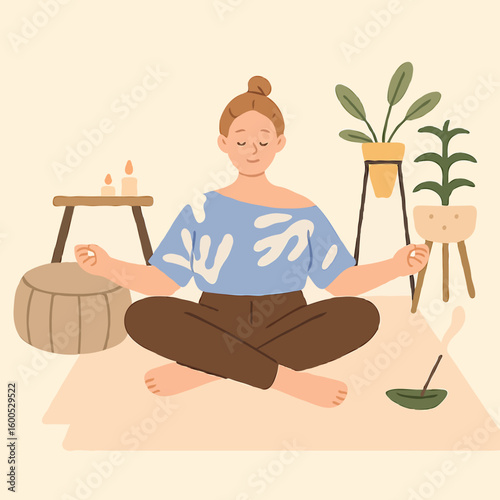 Woman meditating in a cozy room with plants and candles  