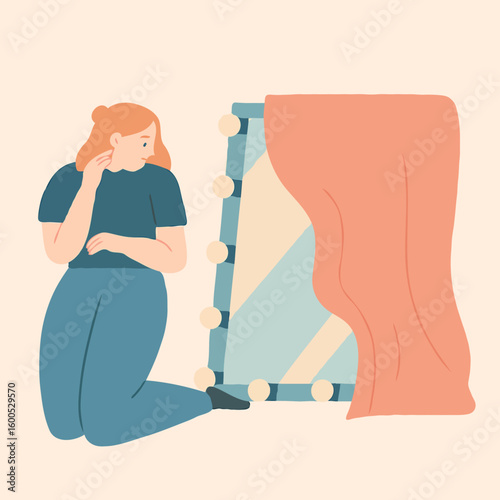 Young woman kneeling beside a dressing mirror with curtain