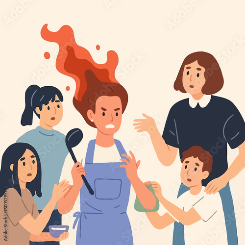 Angry cook with flaming hair being supported by family members  