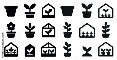 Gardening and plant silhouette icons set – solid, filled, botany and horticulture symbols