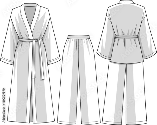 Kimono style loungewear set technical flat sketch, front and back view, belt robe and wide leg pants, cad drawing illustration