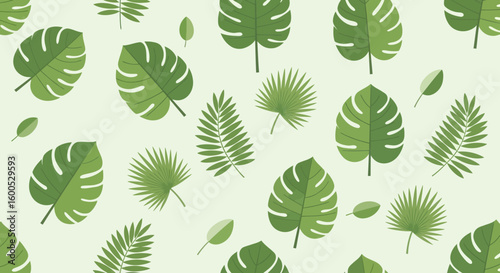 Vector Pattern of Tropical Leaves in Modern Minimalist Style Featuring Monochrome Green Palette and Symmetrical Organic Shapes