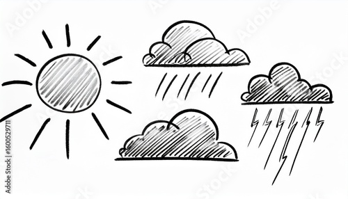 Sun illustration, lightning and other weather icons drawn on white background