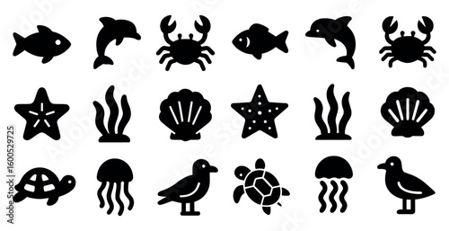 Marine life solid icons set – sea, aquatic, ocean wildlife symbols