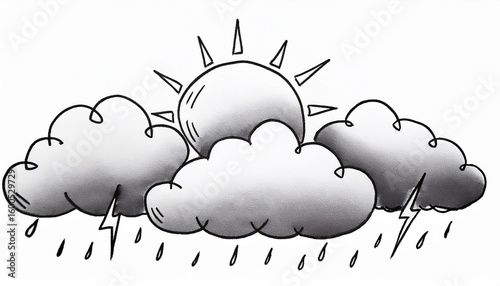 Sun illustration, lightning and other weather icons drawn on white background