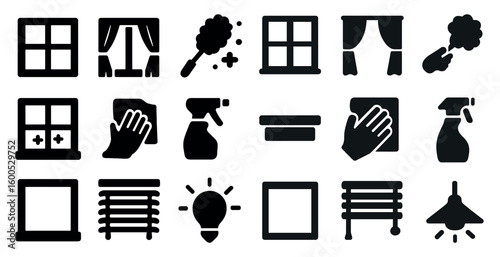 Home cleaning solid icons set – dusting, sanitation, housekeeping symbols