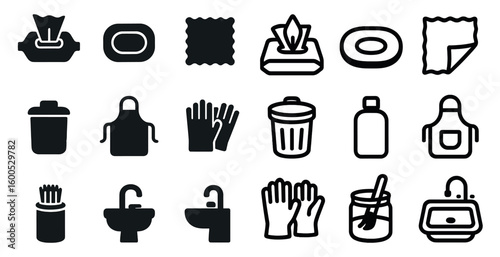 Cleaning and hygiene solid icons set – essentials, household, sanitation symbols