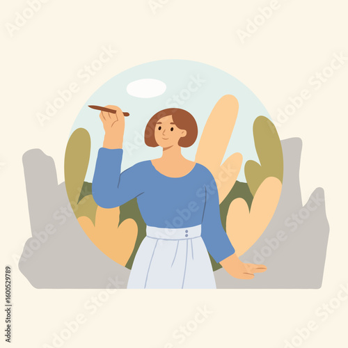 Young woman holding brush and painting in nature landscape  