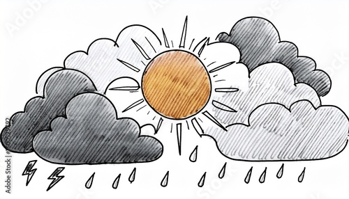 Sun illustration, lightning and other weather icons drawn on white background