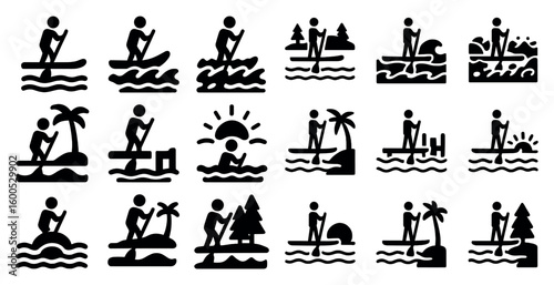 Water sports silhouette icons set – flat, filled, aquatic activity symbols