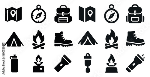 Camping and hiking solid icons set – filled, adventure, outdoor essentials symbols