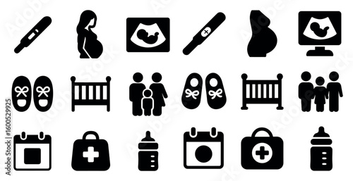 Pregnancy and family icons set – solid, filled, maternity and parenting symbols