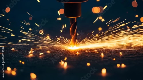 Close-up of a drill creating sparks during metalworking.