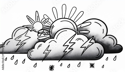 Sun illustration, lightning and other weather icons drawn on white background