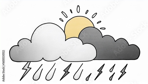Sun illustration, lightning and other weather icons drawn on white background