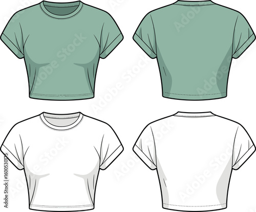 Women's short sleeve crop top t-shirt with rolled cuffs, front and back view, cad drawing flat vector illustration.