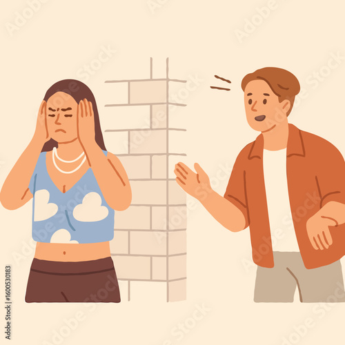 Young woman feeling stressed while man trying to comfort her  