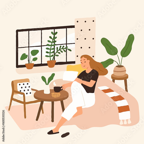 Young woman relaxing with a book and coffee at home interior  