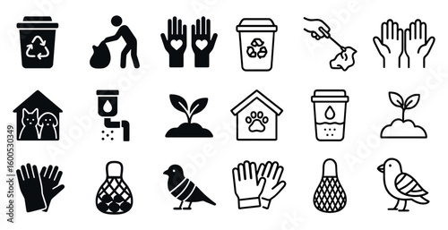 Recycling and sustainability icons set – solid, outline, eco-friendly symbols