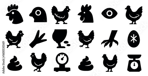 Farm animal solid icons set – silhouette, filled, barnyard and livestock symbols