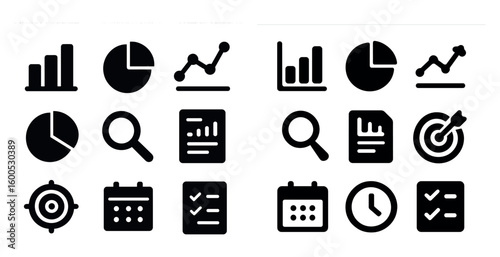 Business and data analysis solid icons set – charts, graphs, financial symbols
