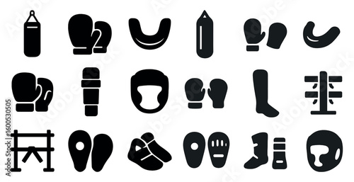 Boxing equipment silhouette icons set – sports, martial arts, combat gear symbols