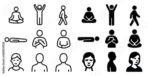 Meditation and wellness icons set – outline, linear, relaxation and mindfulness symbols