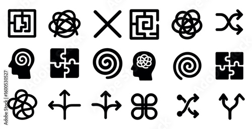 Maze and puzzle solid icons set – labyrinth, filled, problem-solving symbols