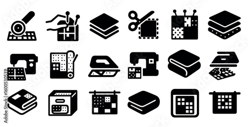 Sewing and quilting solid icons set – filled, crafting, needlework symbols