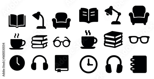 Library and reading icons set – silhouette, solid, book and study symbols