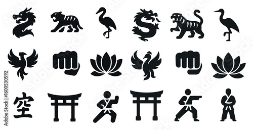 Martial arts solid icons set – silhouette, filled, fighting and discipline symbols