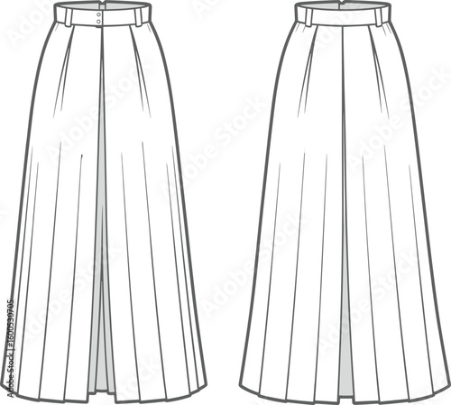 Long pleated skirt fashion sketch front and back views, waistband with button detail, sewing pattern, cad drawing flat vector illustration