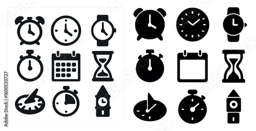 Timekeeping solid icons set – clocks, watches, hourglass symbols for punctuality