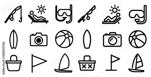 Beach and leisure icons set – line, outline, vacation and summer symbols