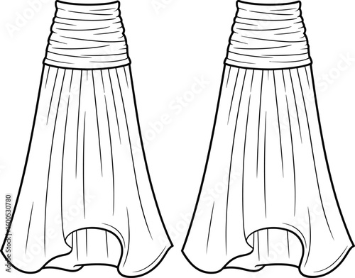Women’s high-low skirt fashion sketch front and back views, elegant silhouette, pleated hem, cad drawing flat vector illustration